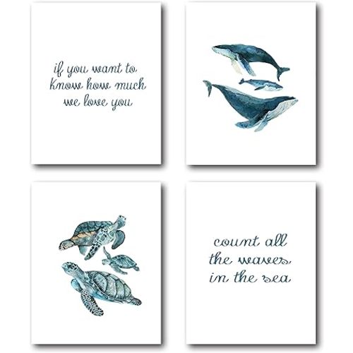XWELLDAN Watercolor Nautical Whale Ocean Sea Turtle Love You Wall Art Prints,Baby Shower Gifts for Boys Kids,Nursery Wall Art Decor for Kids Bedroom,8 x 10 Inch Set of 4 Prints,Unframed