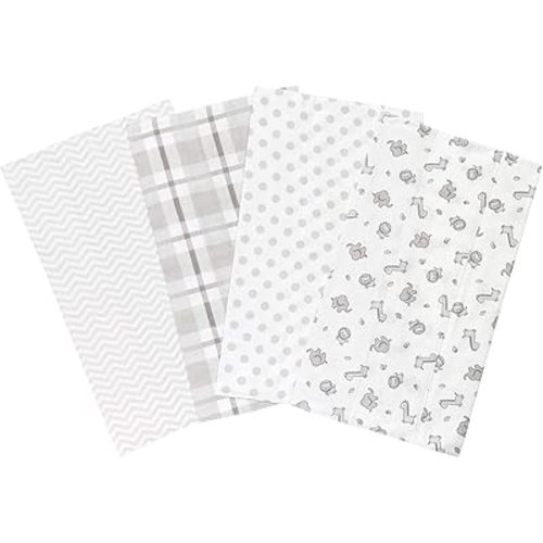 Safari Chevron 4 Pack Blankets-Safari, Dot, Plaid and Chevron Prints, Gray, White, 100% Cotton Flannel, 30 in x 30 in Each