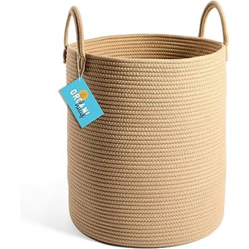 OrganiHaus Large Woven Baskets for Storage 15x18 | Cotton Rope Baskets for Storage | Tall Blanket Basket for Living Room | Nursery Laundry Basket | Big Basket for Toys | Basket For Blankets - Honey