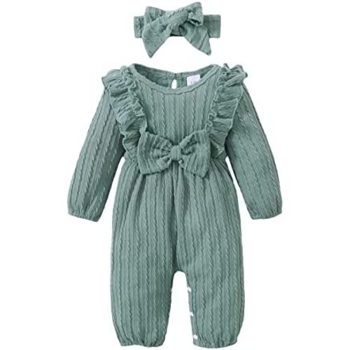 Happy Town Baby Girl Romper Infant Fall Winter Clothes Ruffle Sweater Long Sleeve Bodysuit Jumpsuit and Headband