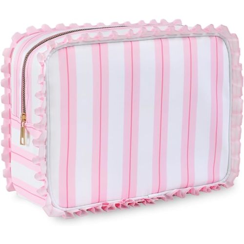 Stripe Ruffle Makeup Bag,Large Travel Cute Cosmetic Bag for Women Girls,Toiletry Bag Make up Organizer 11.8 x 4.7 x 9 inch (Pink Stripe)