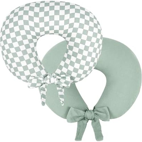 DILIMI Muslin Nursing Pillow Cover 2 Pack, Removable Nursing Cover for Breastfeeding Pillows, Adjustable Extended Strap, Soft Comfortable Slipcover for Baby Girl and Boy, Green and Gingham