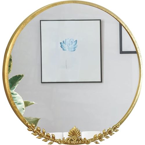 Round Gold Mirror, Brushed Golden Vintage Wall Mirror, Metal Leaf Ornate Circle Decorative Wall Hanging Mirrors for Living Room, Bedroom, EntryWay Hallway - 20inch