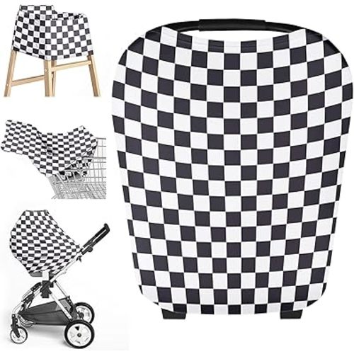Little Jump Multi-use Baby Carseat Cover, Breathable Nursing Cover, High Stretchy Infant Carseat Canopy, Stroller Cover, Car Seat Covers for Bbies, Boys & Girls(Black Checkered)