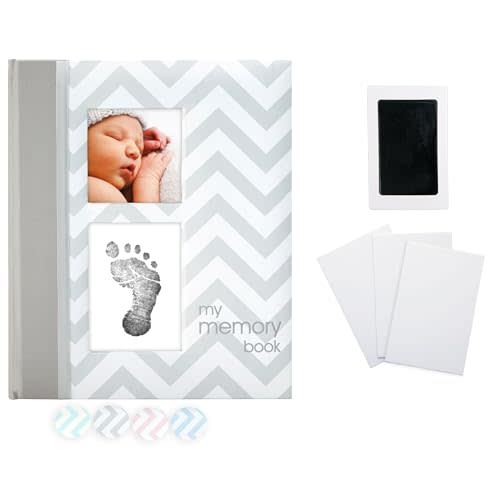 Pearhead Baby Memory Book, First 5 Years Baby Milestone Book, Pregnancy Journal, Newborn Baby Girl or Baby Boy Keepsake, With Clean-Touch Ink Pad For Baby's Handprint or Footprint, Gray Chevron