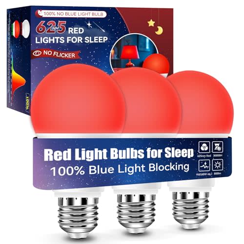 Neporal 625nm Red Light Bulbs for Sleep, 100% Blue Light Blocking Light Bulbs for Melatonin Promoting, A19 LED 9W 60W Equivalent Dim Red Night Light Bulb for Baby Nursery, Sleeping, Reading, 3-Pack