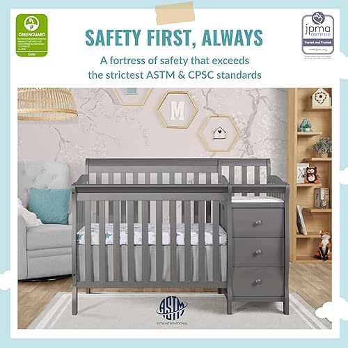 Dream On Me Jayden 4-in-1 Mini Convertible Crib And Changer in Natural, Greenguard Gold Certified, Non-Toxic Finish, New Zealand Pinewood, 1" Mattress Pad