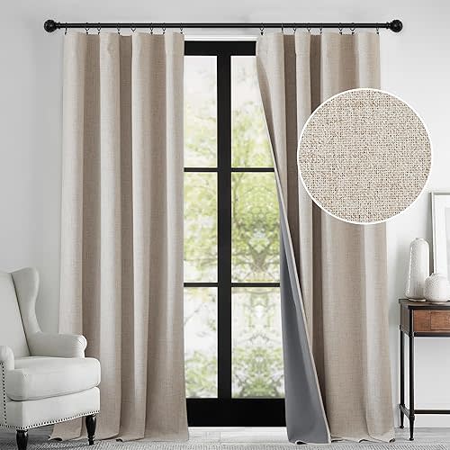 RYB HOME Linen Textured 100% Blackout Curtains for Bedroom, Insulating Energy Saving Window Curtains for Living Room Dining Patio Sliding Glass Door, Wide 52 x Long 90 inch, Beige, 2 Panels