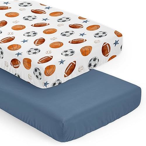 Sweet Jojo Designs Sports Theme Boy Baby Fitted Crib Sheet Set Infant Newborn Nursery Toddler Bed Room Standard Mattress 2p Solid Steel Blue and Watercolor Soccer Balls Football Baseball Basketball
