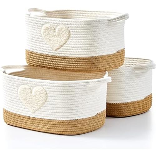 BUBUSUN Storage Bins Woven Baskets for Storage Set of 3, Cotton Rope Basket with Handles for Toys/Shelves/Laundry, Rectangle Multi-Purpose Organizer for Living Room, Bedroom, Nursery (Heart)