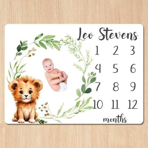 Lion Milestone Blanket, Personalized Baby Lion Monthly Blanket, Lion Baby Shower Gift,Newborn Baby Boy Monthly Growth Tracker Leaves B1711
