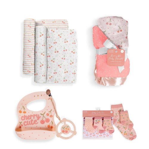 JuJuBe Everyday Essentials Cherry Cute Swaddle Blankets, Reversible Blanket, Socks, Bib, & Teether Ring, Baby Set