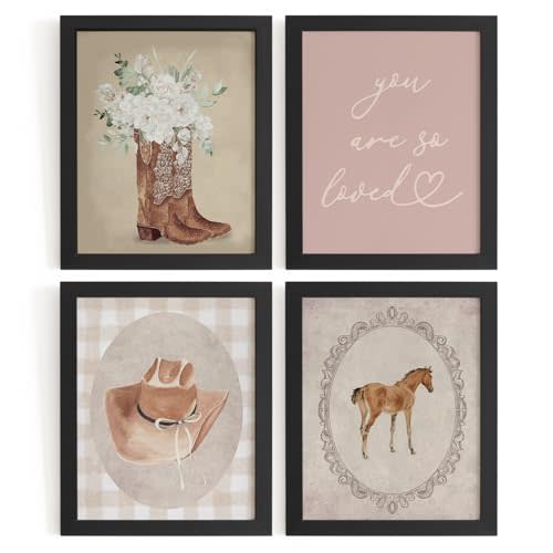 WXHUM Boho Pink Western Cowgirl Room Decor Wall Art Prints Set of 4, You Are So Loved Floral Cowboy Hat Boots Horse Posters Wall Decor for Girls Room Nursery Bedroom, 8x10 inch Unframed
