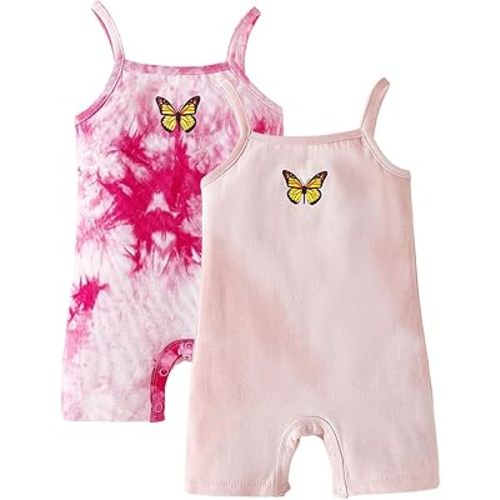 ROMPERINBOX Baby Girl Romper 2 Pack Sleeveless Spaghetti Strap Tie Dye Infant Jumpsuit Butterfly Summer Clothes 0-24 Months