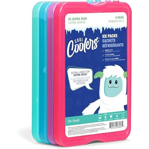 Cool Coolers by Fit & Fresh 4 Pack XL Slim Ice Packs, Quick Freeze Space Saving Reusable Ice Packs for Lunch Boxes or Coolers, Multi
