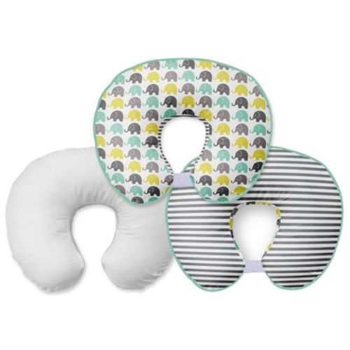 Bacati - 3 pc Elephants Mint Yellow Gray Hugster Feeding & Infant Support Nursing Pillow with 2 removable zippered covers