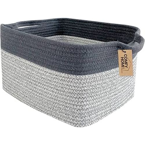 COMFY-HOMI Cotton Rope Woven Basket with Handles for Shelves,Toys,Book, Cloth Storage Baskets Bin for Organizing-13.5"x11"x9.5" Toy Decorative Organizer for Living Room, Bathroom-Light Grey