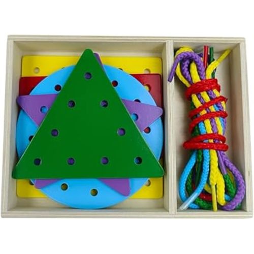 5 Pcs Double-Sided Shape Panels Wooden Threading Toy Lacing Cards for Toddlers, Lacing Shapes, Educational and Learning Montessori Activity for Kids (Triangle)