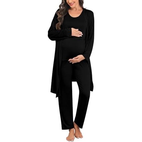 SWOMOG Maternity Nursing Robe Set 3 PCS Postpartum Breastfeeding Pajamas Lounge Hospital Pregnancy Pjs with Robe