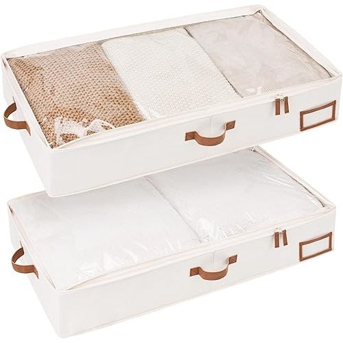 StorageWorks Underbed Storage Box, Under Bed Clothes Organizer With Sturdy Structure and Ultra Thick Fabric, Ivory White, Large, 2 pack