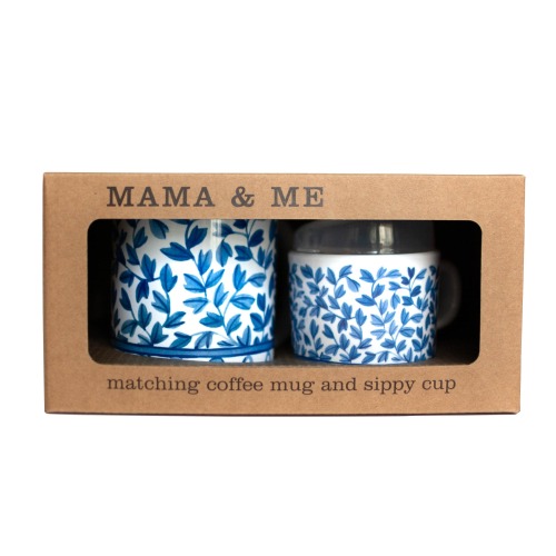 Helmsie BLUE AND WHITE Mama and Me Blue and White Matching Mug and Sippy Cup Set,  Chinoisserie toddler “coffee” mug.