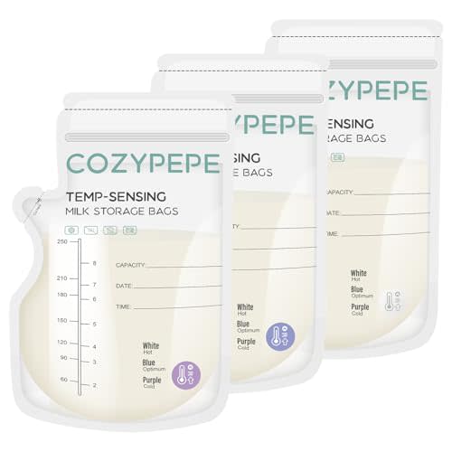 Cozypepe 200 Pcs Breastmilk Storage Bags, 8Oz Breast Milk Storing Bag with Pour Spout, Temperature-Sensing Color Change Milk Bag for Convenient Breastfeeding, No Leak Presterilized for Freezer