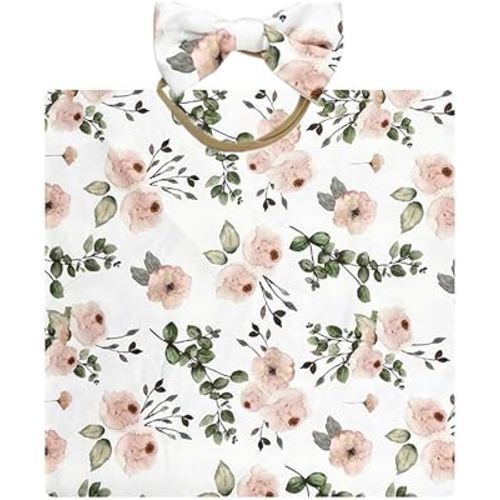 Receiving Blankets for Baby Girls Swaddle Blanket with Headband Set for 0-3 Month Cotton Knitted Newborn Swaddle Wrap Perfect Shower Gift (Green Pink Flower)