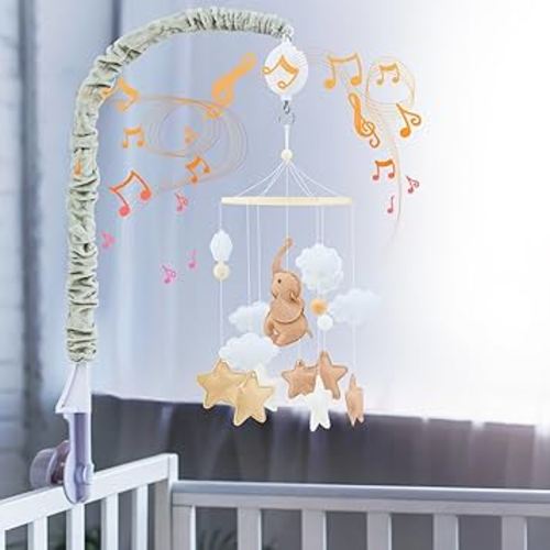 Baby Crib Mobile Musical Elephant Decor Safari Animal Baby Crib Mobile Musical Mobile for Crib Circles Gray Moons Crib Decor with 12 Lullabies for Baby Shower