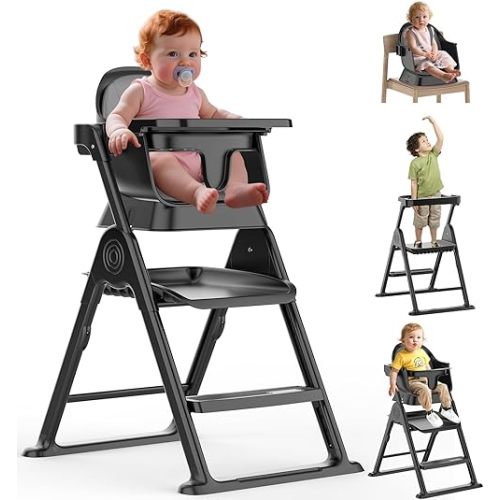 Baby High Chair, Dining Booster Seat, Adjustable Folding Toddler Step Stool for Bathroom Sink or Kitchen Countertop, Portable Slim High Chair with 6 Growing Stages from Infant to Toddler Seating