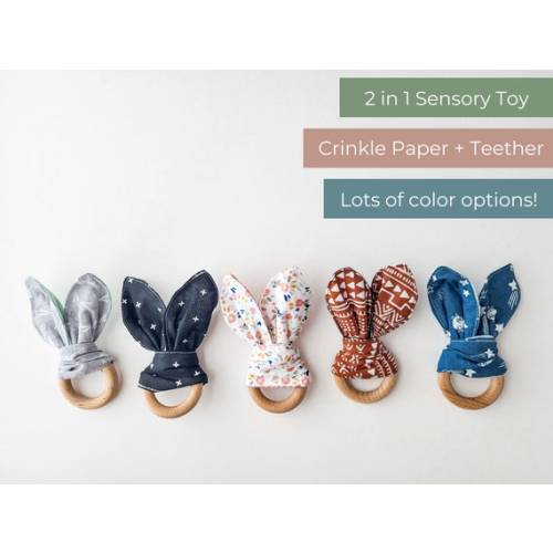 Bunny Crinkle Paper Teether Sensory Baby Toys Wooden - (Pattern - N)