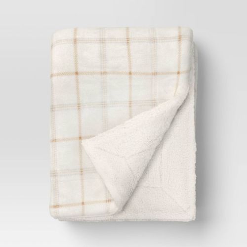Plaid Printed Plush Throw Blanket Faux Shearling Reverse Ivory/gray/tan - Threshold™: Lightweight, Knitted, 50x60", Oeko-tex Certified
