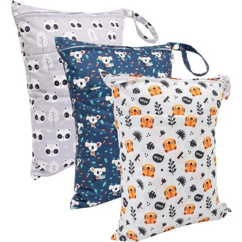 babygoal Wet Dry Bags for Baby Cloth Diapers, Washable Travel Bags, Beach, Pool, Gym Bag for Swimsuits & Wet Clothes with Two Zippered Pockets 3 Pack, 3LN31 - panda,koala,tiger