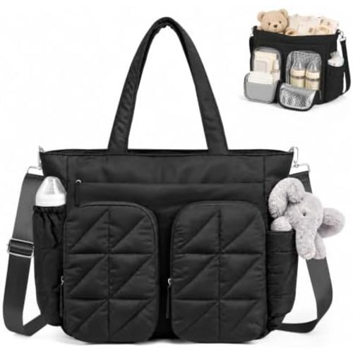 TOPEAST Diaper Bag Tote, Quilted Puffer Baby Bag with Insulated Pockets, Lightweight Hospital Bag for Mom & Dad, Travel, Work