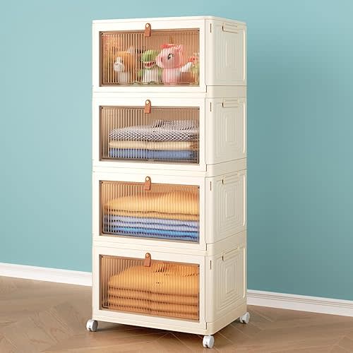 4 Tier Stackable Plastic Storage Bins with Lid and Wheels - 23 QT Closet Organizers and Storage, Foldable Storage Containers, Organization and Storage Boxes for Craft, Home, Pantry, Dorm,Yellow