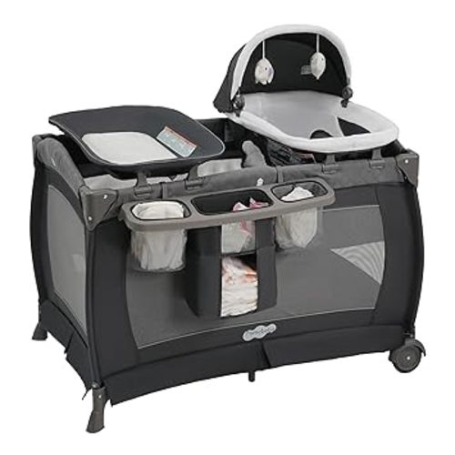 Pamo Babe Pack and Play 4-in-1 Baby Playard with Bassinet & Changing Table, Foldable Portable Playpen with Mattress, Nursery Center for Newborn to Toddler 0-36M-Grey