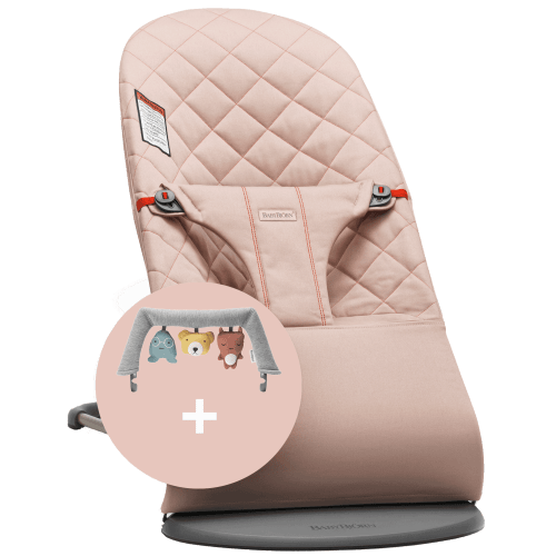 Bouncer Bundle with Toy: Dusty pink - Cotton, Classic Quilt with Toy Soft friends - Dark gray frame