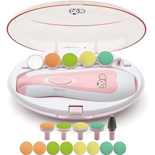 Royal Angels Baby Nail Trimmer 21 in 1 | Safe Electric Baby Nail File Kit, Extra 13 Replacement Files, Baby Nail Clippers, Newborn Toddler Toes and Fingernails, 20 in 1, Trim and Polish (Pink)