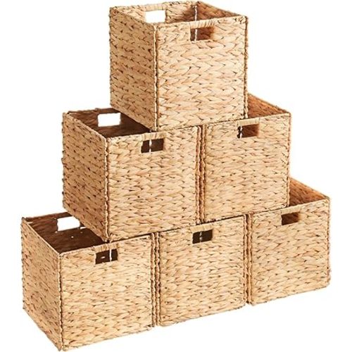 Ornavo Home 9 Inch Water Hyacinth Baskets Set of 6 – Handwoven Collapsible Wicker Storage Cube Bins with Handles for Bathroom, Bedroom, Laundry and Pantry - Natural