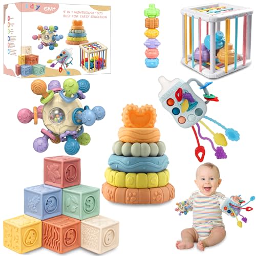 Baby Toys 0-6-12 Months,Montessori Toys for babise 0-6-12-18 Months,Incl Pull String Toy & Shape Sorter & Stacking Building Block & Manhattan ball & Baby Blocks,montessori baby toys for 1 + year