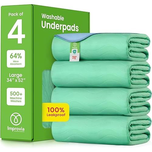 IMPROVIA® Washable Underpads, 34" x 52" (Pack of 4) - Heavy Absorbency Reusable Incontinence Pads for Kids, Adults, Elderly, and Pets - Waterproof Protective Pad for Bed, Couch, Sofa, Furniture, Floor