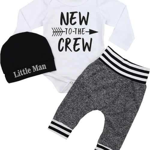 Fommy Newborn Baby Boy Clothes New to The Crew Letter Print Romper+ Pants+Hat 3PCS Outfit