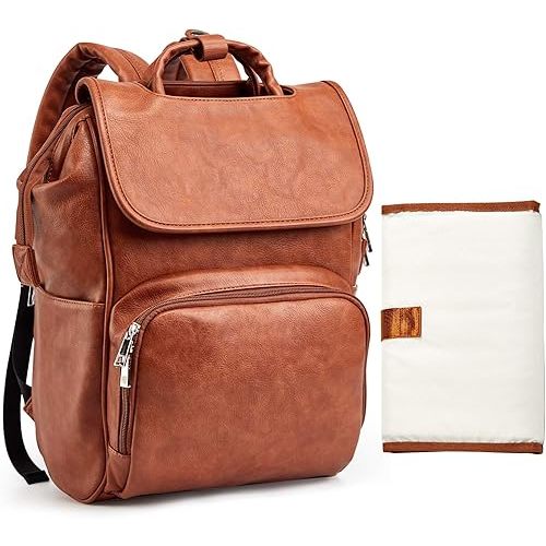 Leather Diaper Bag Backpack with Changing Mat Travel Backpack Waterproof&Insulated Large Nappy Bag Stroller Straps, Brown B, 13.8x8x18 Inch (Pack of 1), Travel Backpacks