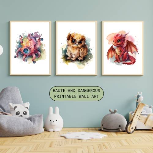 Baby DnD Monster Printable Art Set of 3, Nursery Decor, Dungeon and Dragons Printables Nursery Wall Decor Creature Digital Download Prints