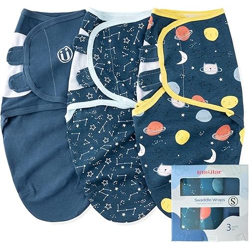 insular Swaddle Blanket, Baby Swaddle Wrap for Newborn and Infant, Adjustable Swaddle Set for Boy and Girl, Soft Cotton Sleep Sack 3 Pack Small(0-3 Month), Space