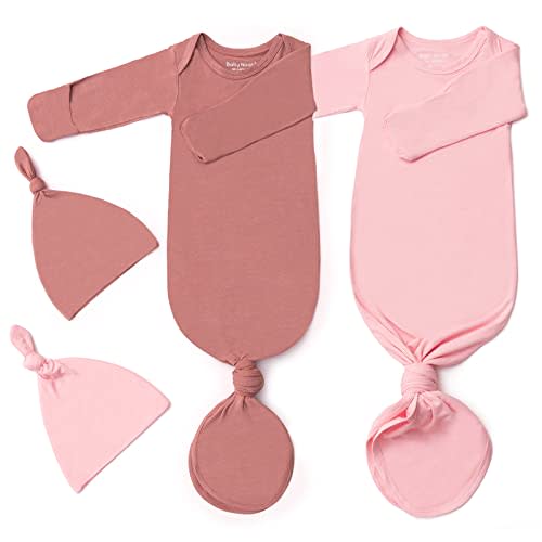 2Pk Newborn Baby Knotted Gown, Super Soft Silky Infant Long Sleeve Sleeper for Baby Sleeping with Hat or Headband (2 Packs)