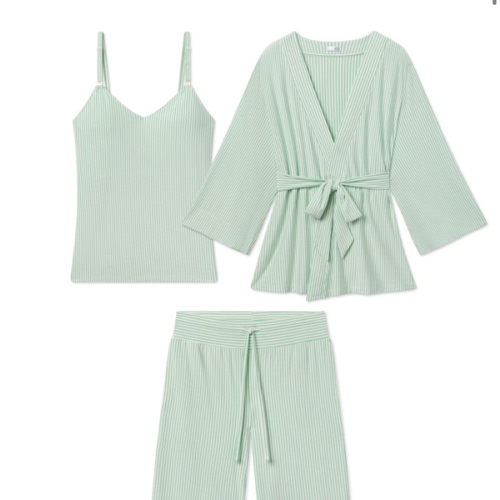 LAKE | Women | DreamModal Pajamas | Parisian Green Pencil Stripe Maternity Kimono Bundle