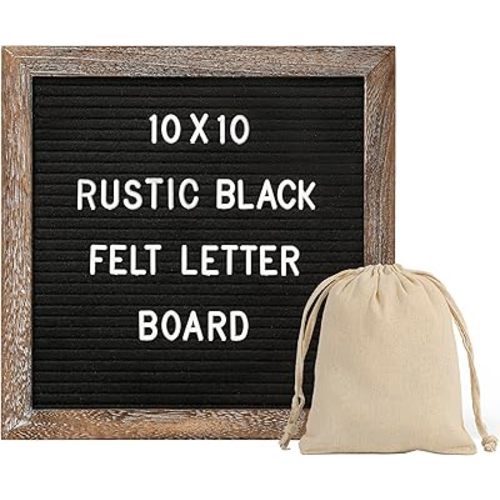 Rustic Felt Letter Board with 340 Changeable Letters&Numbers, 10”x10” Message Board Letter Sign Board in Rustic Frame with Stand and Canvas bag for Announcement&Notification(Rustic Black)
