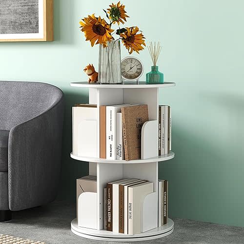 Nisorpa 2 Tier Rotating Bookshelf, 360° Revolving Bookcase Rotating Stackable Shelves Floor-Standing Storage Display Rack Used in Bedrooms Living Rooms Study Office (26"x18"x18")