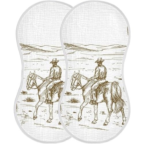 Muslin Baby Burp Cloths Set of 2, Soft Absorbent Western Desert Cowboys Muslin Washcloths, Bibs, Face Towel for Newborn Boys Girls, 22 x 11 Inch