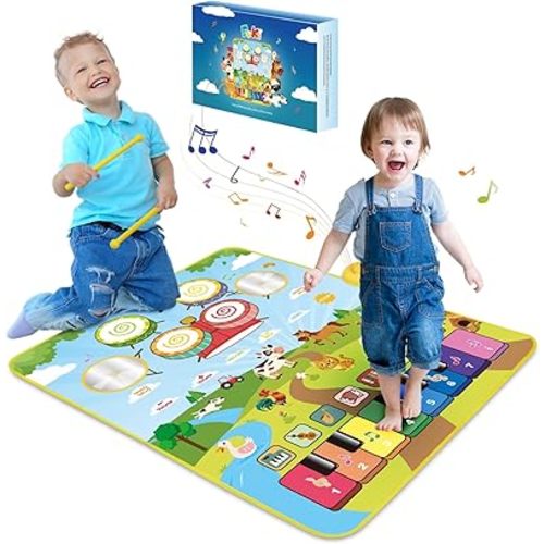 Foki 3-in-1 Musical Mats, Child Floor Piano Drum Animal Music Play Mat Montessori Sensory Early Educational Musical Learning Toys for Baby Girls Boys Birthday Toddlers 1-5 Years Old
